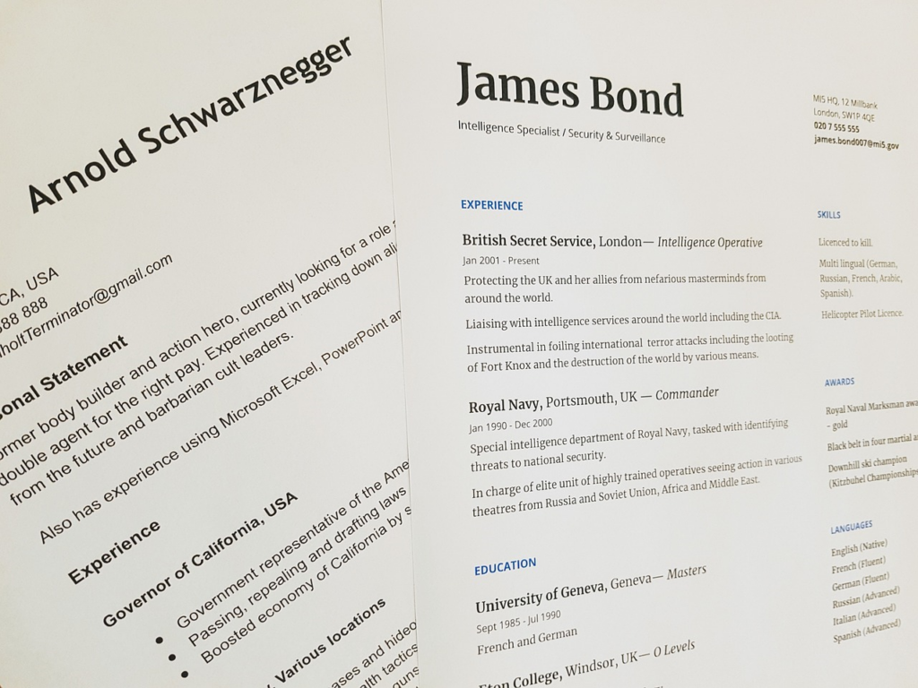 Comedic CVs for Arnold Schwarzenegger and James Bond