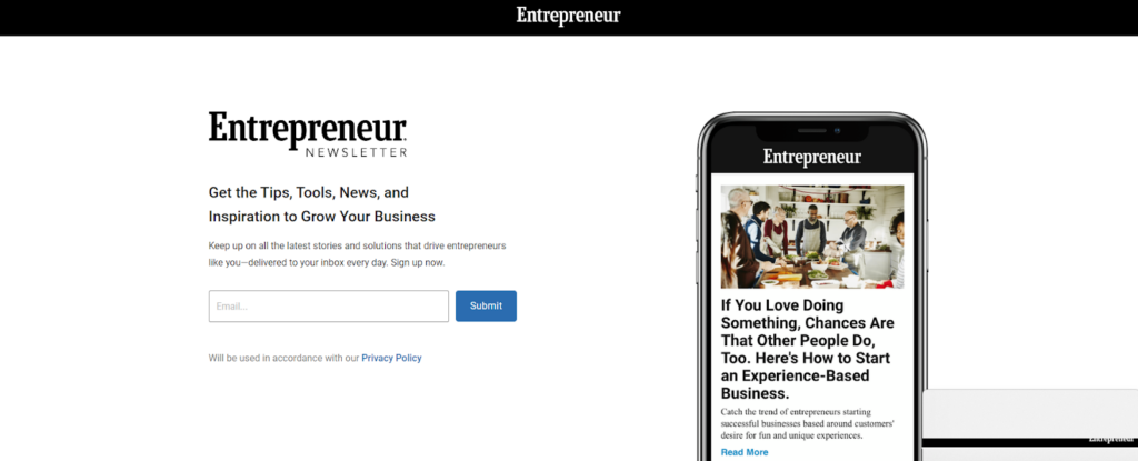 Screenshot of Entrepreneur newsletter