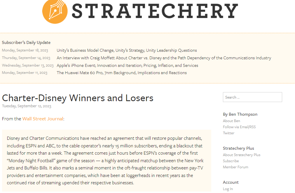 Screenshot of Stratechery's newsletter