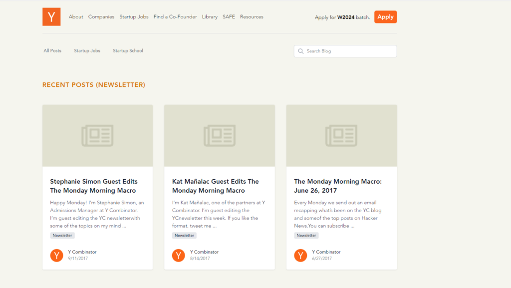 Screenshot of Y Combinator's newsletter