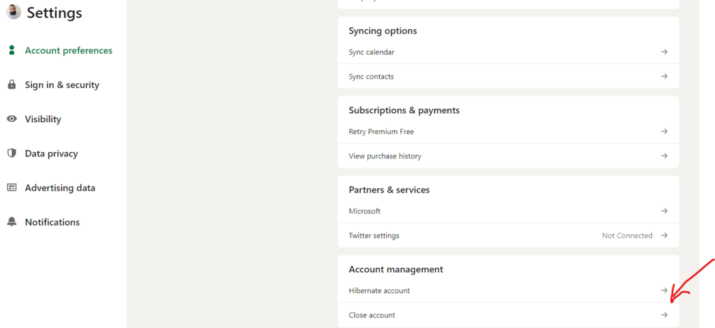 Screenshot of a linkedin account preferences page