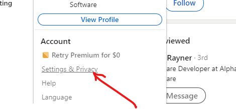 Screenshot of a LinkedIn profile - settings & privacy