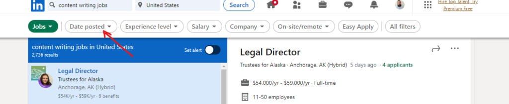Screenshot of linkedin job search feature