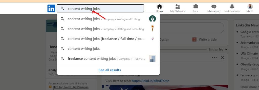 Screenshot on how to search for jobs on LinkedIn