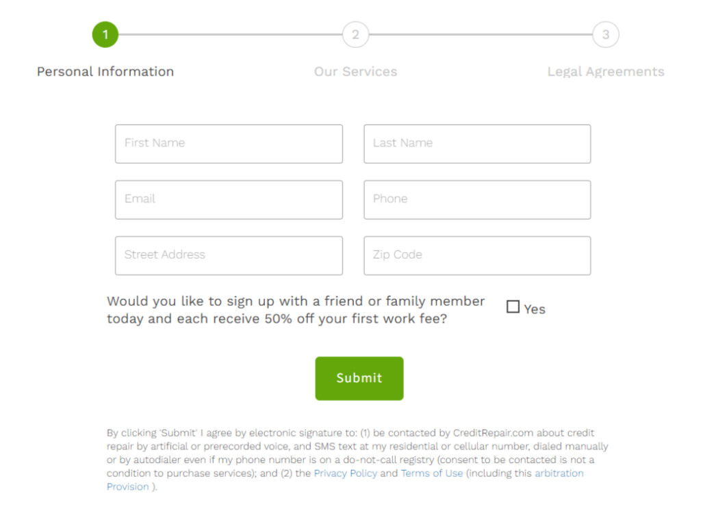 CreditRepair Sign-up Page